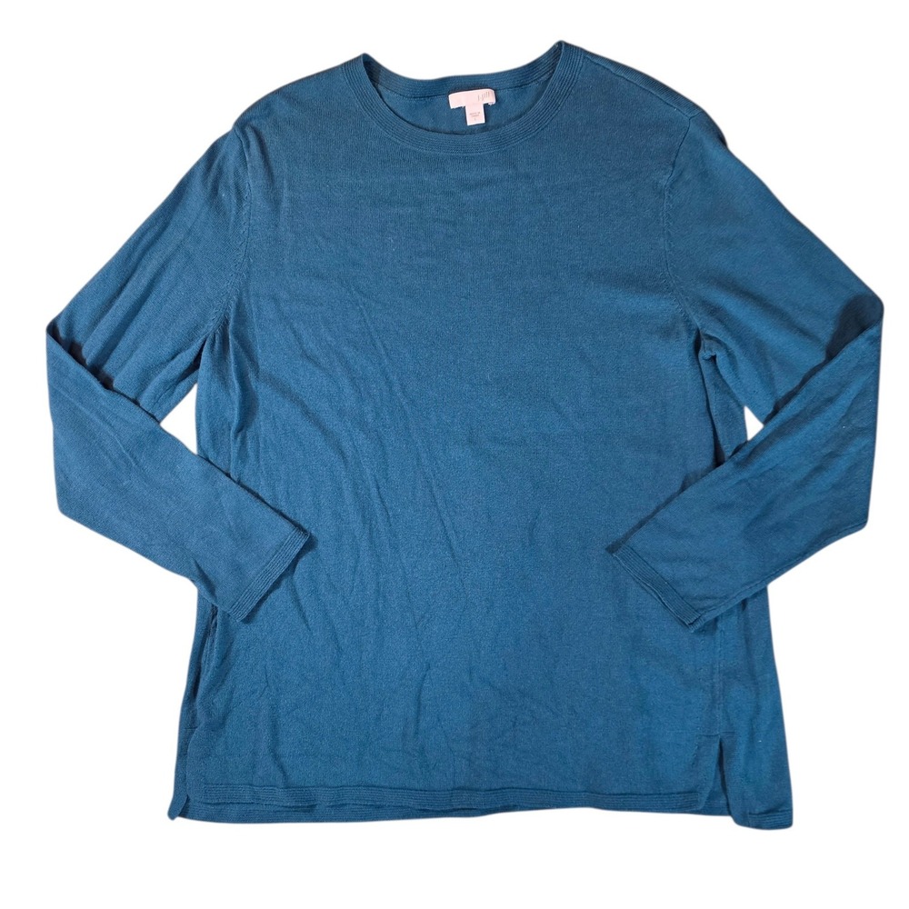 J. Jill Teal Blue Cotton Viscose Blend Long Sleeve Crewneck Tunic Sweater Large